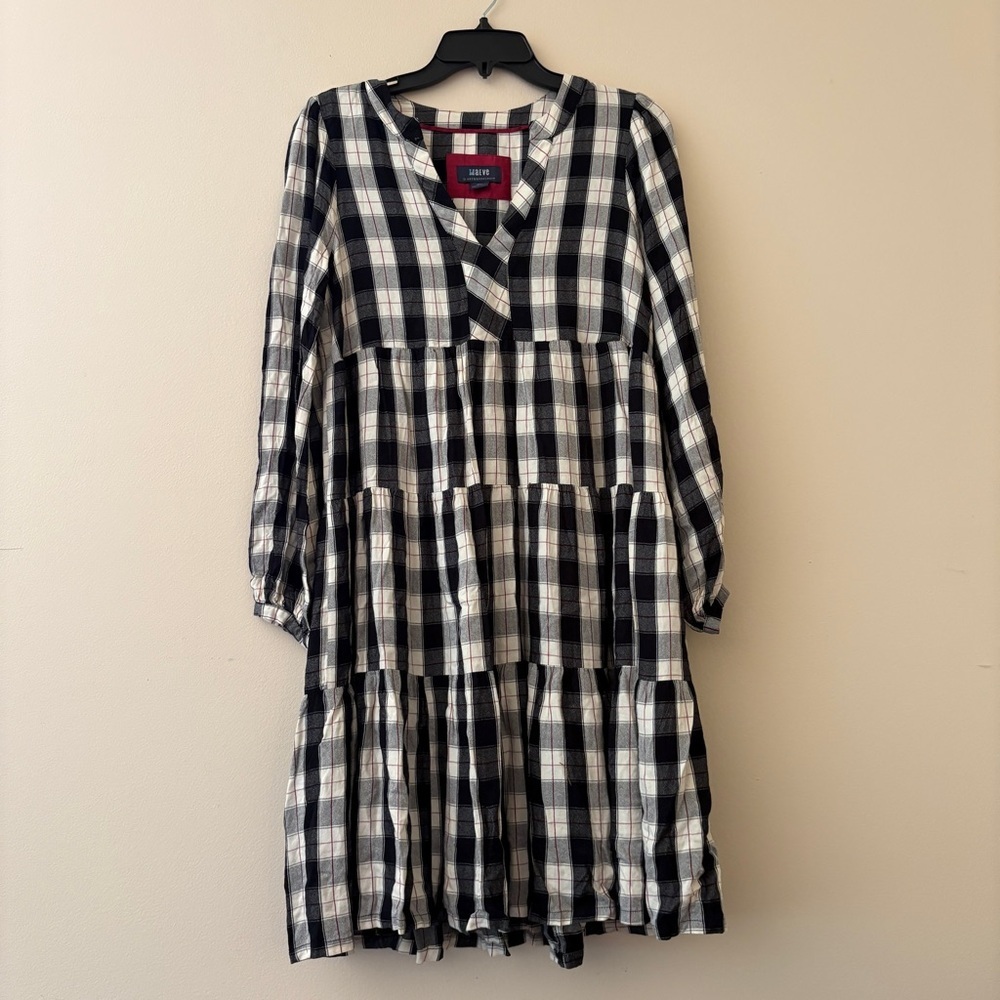 Maeve Anthropologie Plaid Tiered Babydoll Dress Small Black White